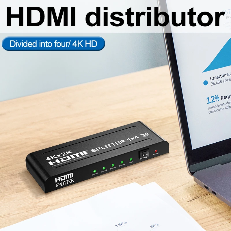 

HD Splitter 1x4 Powered 4K 2K 1080P Video Converters Connectors 4 Ports Adapters with Full Ultra HD & 3D