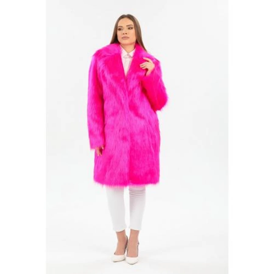 Vegan Wool Leather Faux Fur Long Hairy Coat Made in Turkey Fuchsia