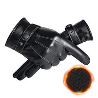 Men Winter PU Leather Black Gloves Button Warm Mittens Outdoor Sports Driving Skiing Men's Windproof Gloves Winter Supplies 1