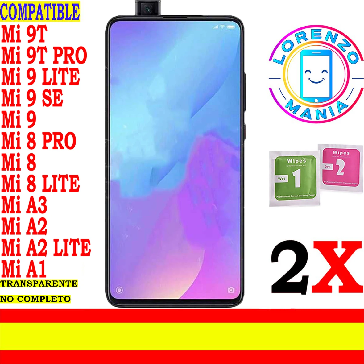 2 Proteggi Schermo Generici Non Completamente Compatibili Xiaomi Mi 9T, Mi 9T Pro, Mi 9 Lite, Mi 9 Se, Mi 9, Mi 8 Pro, Mi 8, Mi 8 Lite, Mi A3, Mi A2, 