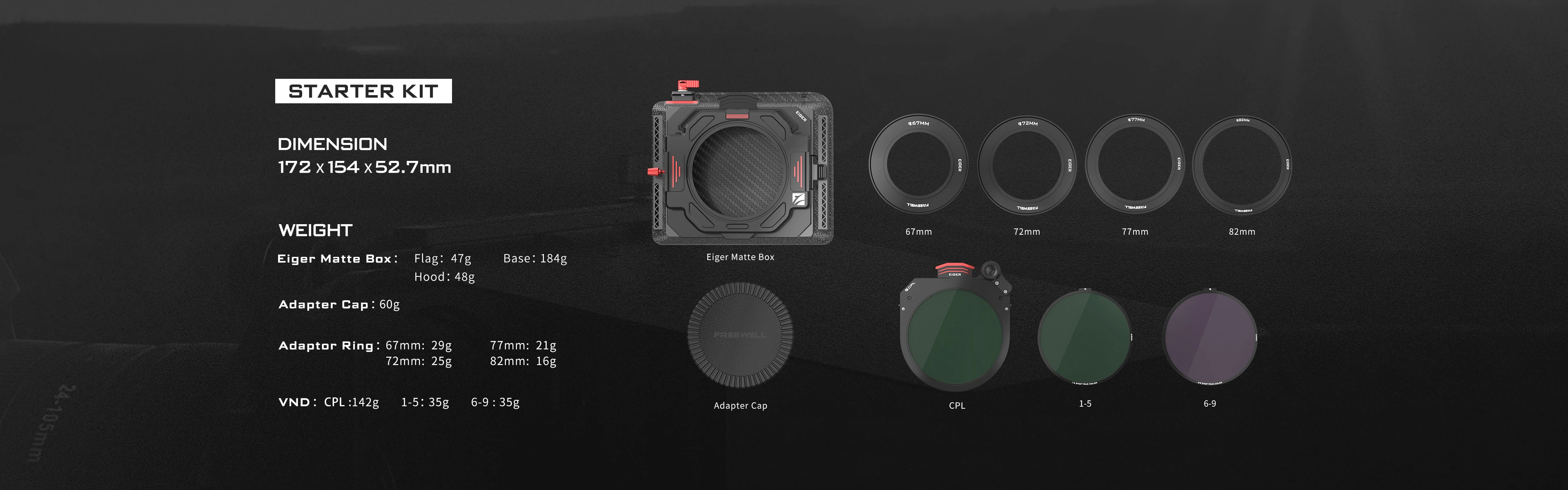 Starter Kit VND1-5 Stop,VND6-9 Stop,CPL Filters Sets with Eiger Matte Box Compat