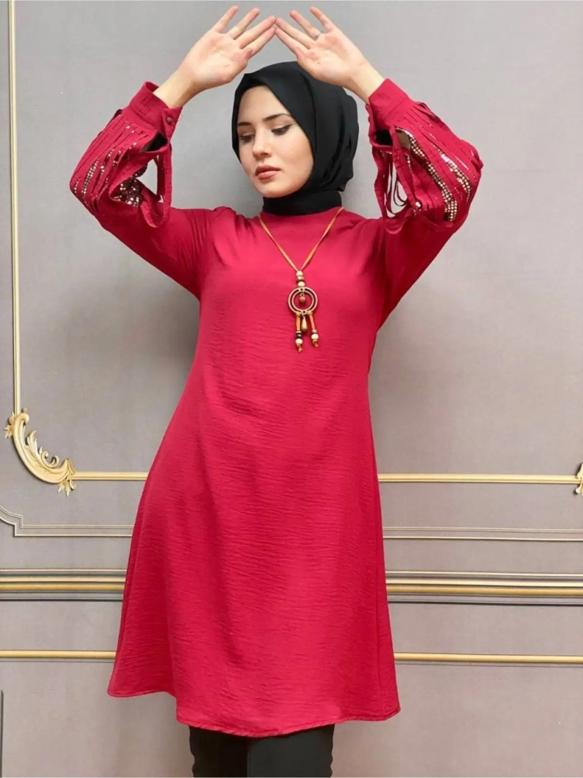 Sequin Detailed Tassel Sleeve Necklace Aerobin Tunic Unlined Long Sleeve Crew Neck 4 Seasons Women Muslim Fashion Hijab Clothing