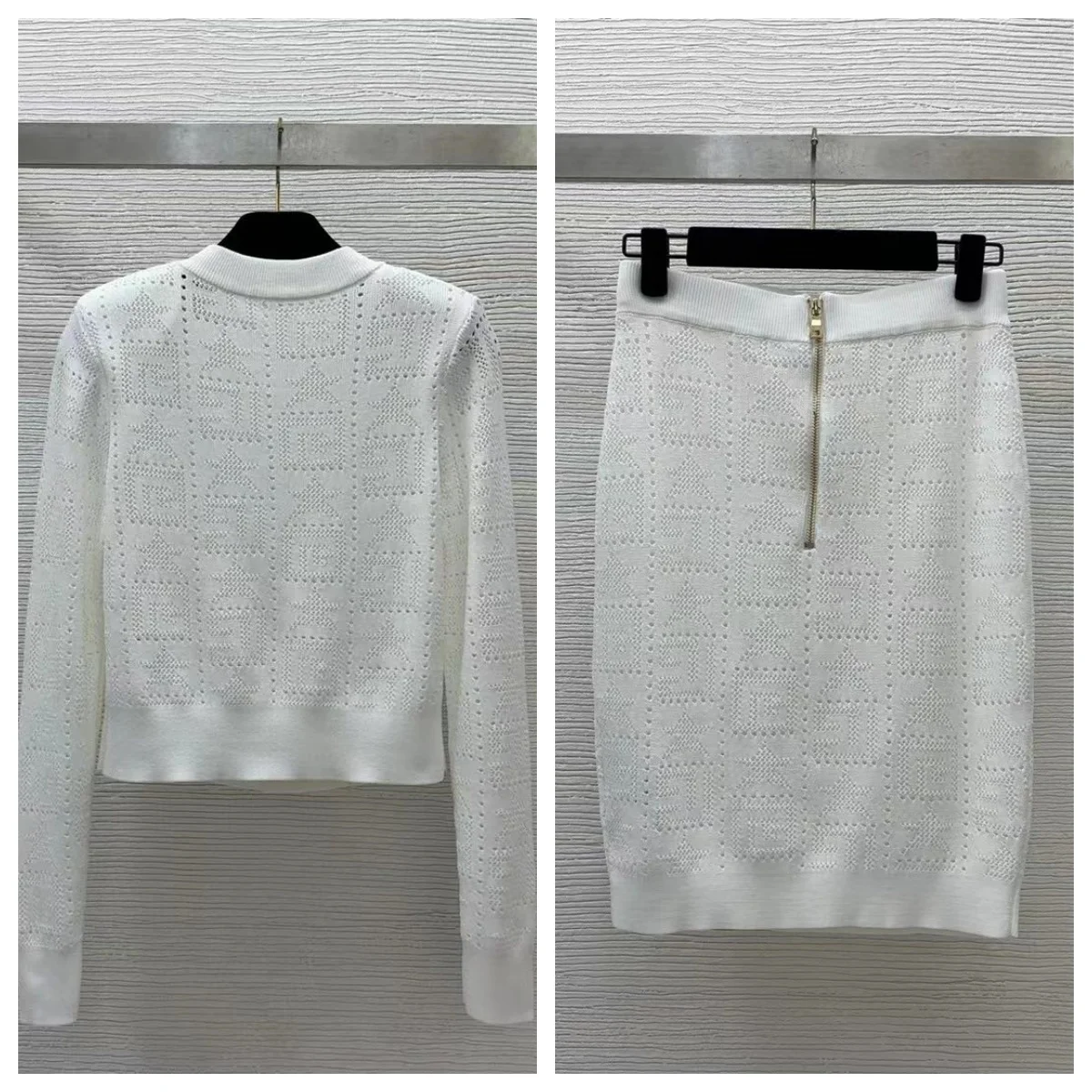 

2024 Summer New Hollow Perspective Elastic Knitted Round Neck Long sleeved Top