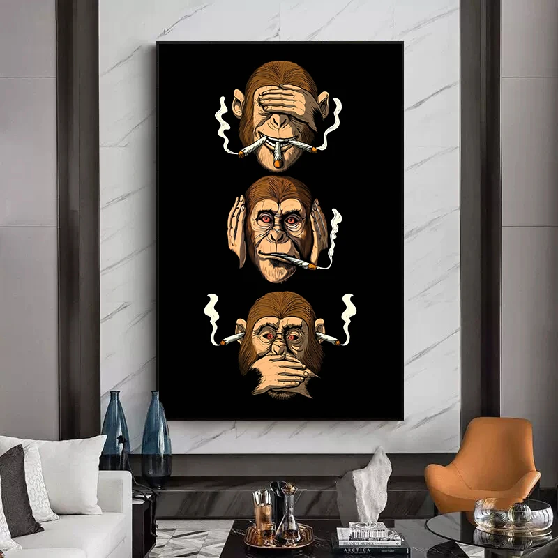 

Абстрактные постеры и принты с тремя курительными обезьянами, Картина на холсте, забавные мультяшные животные, настенные картины, домашний декор для стен комнаты