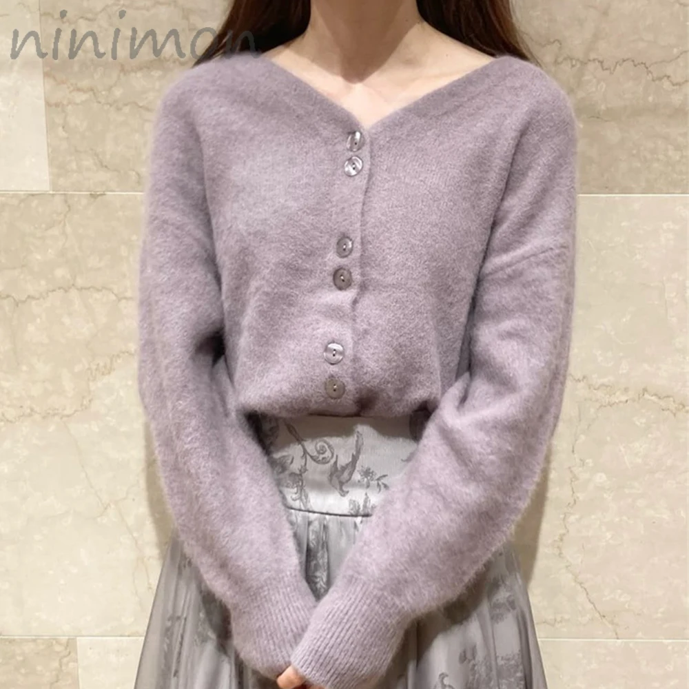 

NINIMON Rabbit Wool Knitted Cardigan Women V-neck Sweater Autumn Mink Fleece Knit Top Knitted Wear Coat Short Outerwear Jumpers