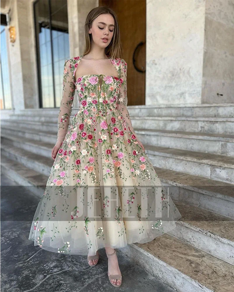 JEHETH Floral Embroidery Prom Dresses Lace Midi Long Sleeves Tea-Length A-Line Formal Party Evening Gown Open Back Custom Made