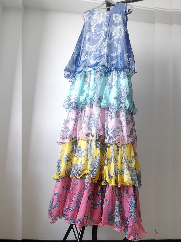 2025 Spring Summer Women's Sleeveless Tie-Waist Ruffle Tiered Midi Dress with Contrasting Details Party Vacation Dress 3
