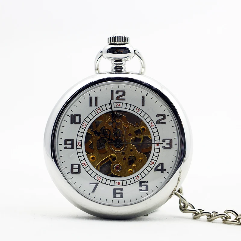 

New Fashion Silver Mechanical Hand-winding Pocket Watch Arabic Numeral Dial Retro Classic Necklace Pendant with Chain relógio