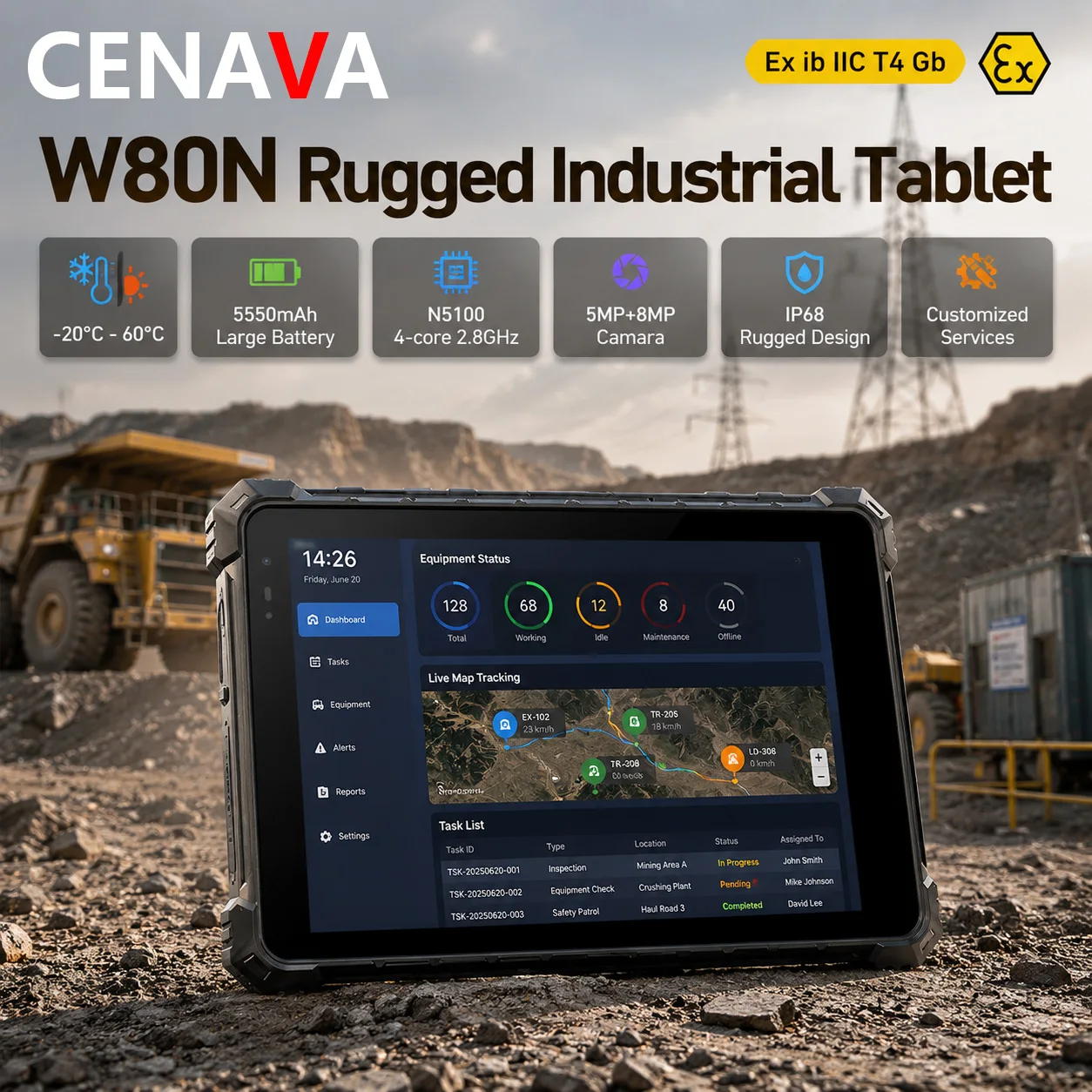 CENAVA W80N 러기드 태블릿 8인치 인텔 N5100 윈도우 10 지원 우분투 IP68 방수방진 산업용 맞춤형 4G/5G/UHF/2D 스캐너