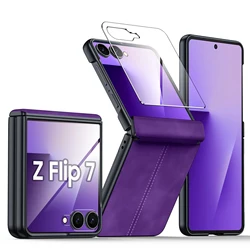 Ultra Thin Purple PU Leather Matte Phone Case with Built - in Screen Protector and Hinge Protection - Galaxy Z Flip7 (PURPLE)