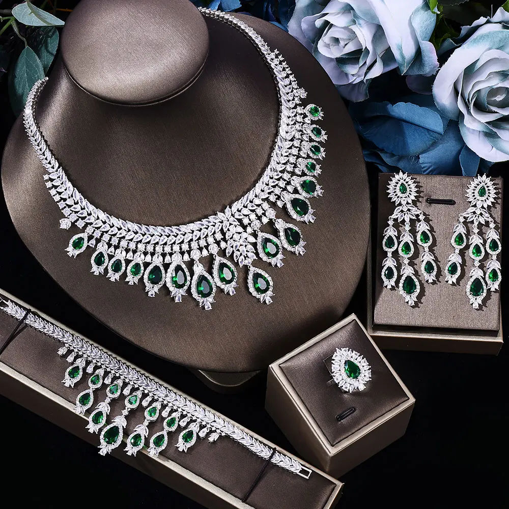 

Super Luxury Green Cubic Zirconia Wedding Bridal Jewelry Drop Pendant Necklace and Earrings 4pcs Sets for Brides
