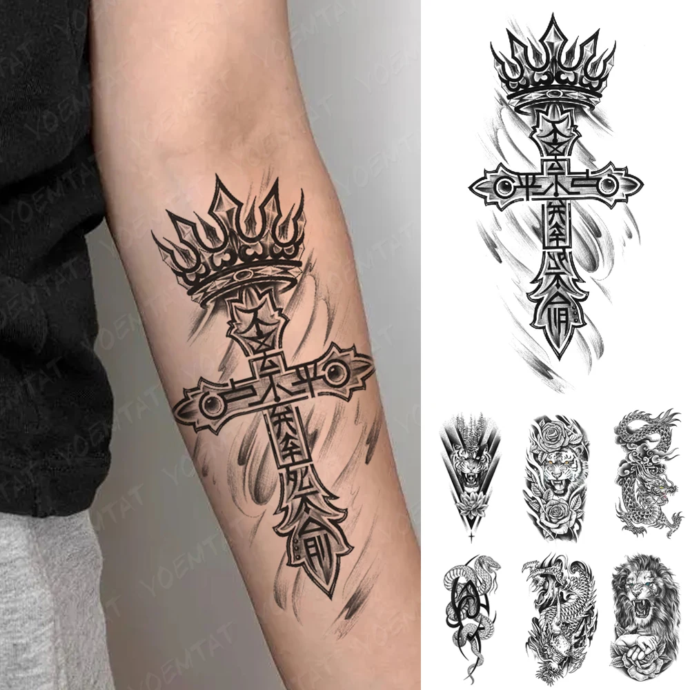 

Waterproof Temporary Tattoo Sticker Prayer Cross Crown Text Word Women Men Harajuku Tatoo Tiger Arm Sleeve Fake Tatto Body Art