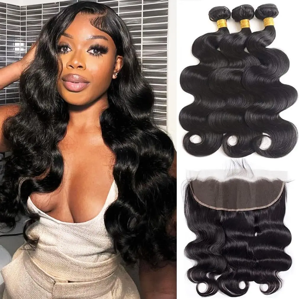 12A Human Hair 3 Bundles with 13x4 Lace Frontal (28 30 32+20) Body Wave Human Hair 100% Unprocessed Brazilian Bundles