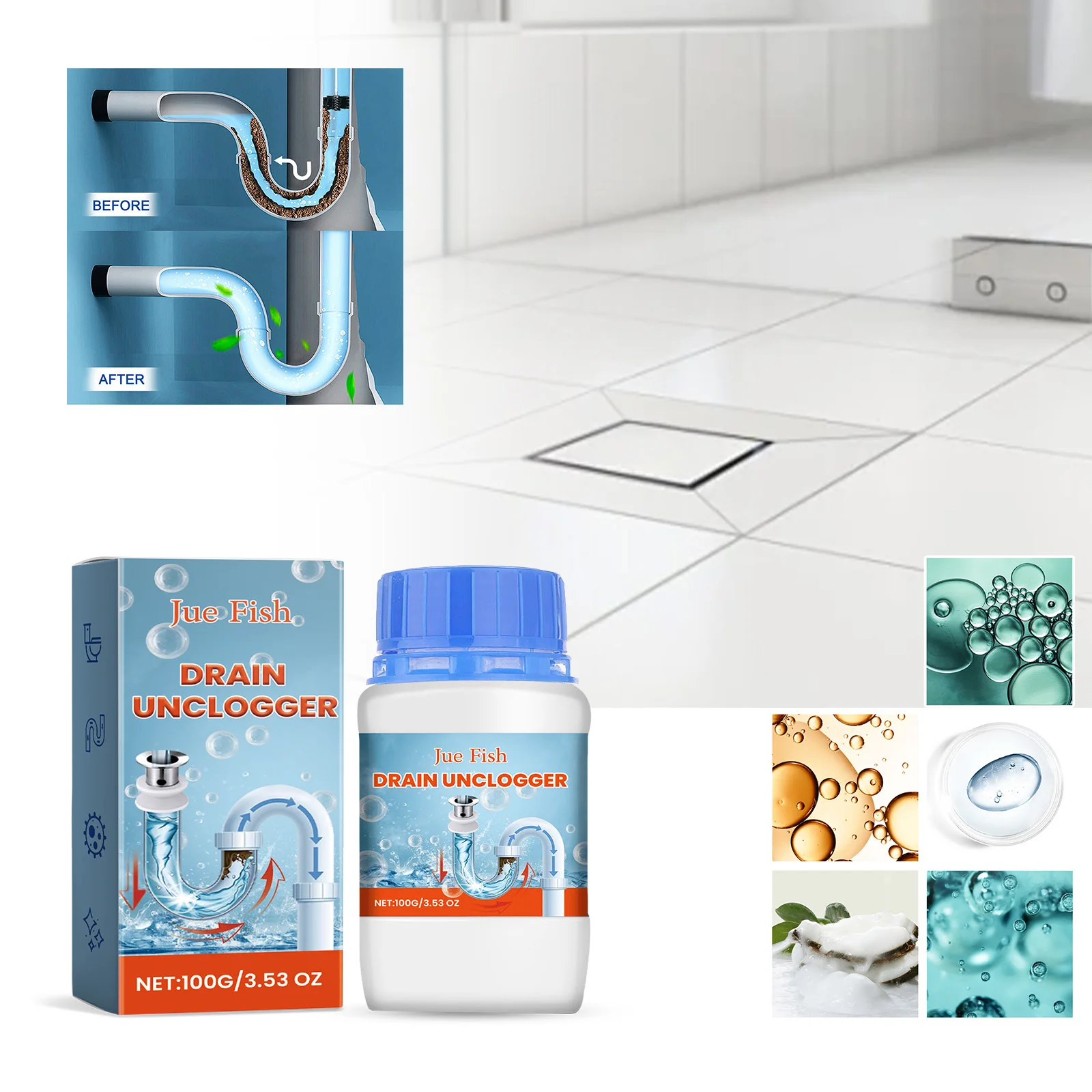 Jue-fish Organic Drain Cleaner Pipe-friendly Remove Odors Prevent Clogging Toilet Sink Bathroom Restoring Pipe Dredging Agents