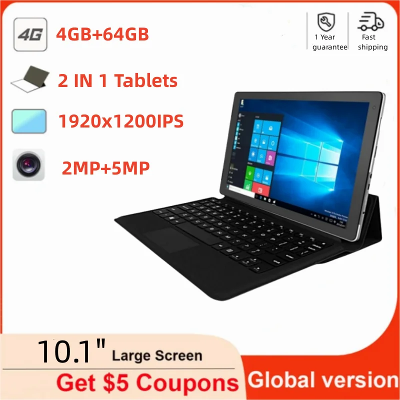 10.1 Inch 64bit Windows 10 2IN1 Tablet 4GB RAM 64GB ROM Intel Cherry Trail Z8350 CPU 1920x1200IPS HDMI-Compatible Quad-Core WIFI