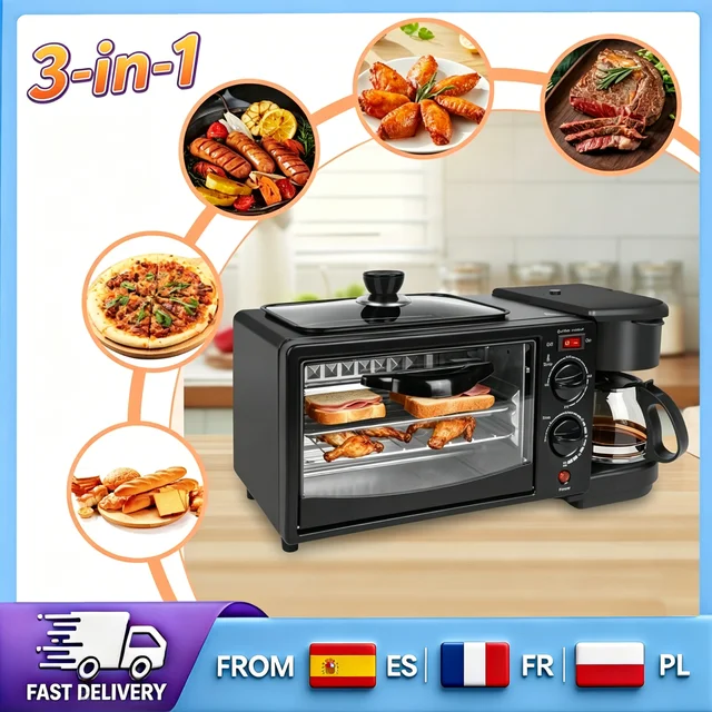 Station de petit-déjeuner multifonctionnelle 3-en-1 avec four de 9 L et cafetière isotherme de 600 ml, contrôle indépendant, appareil de cuisine 1