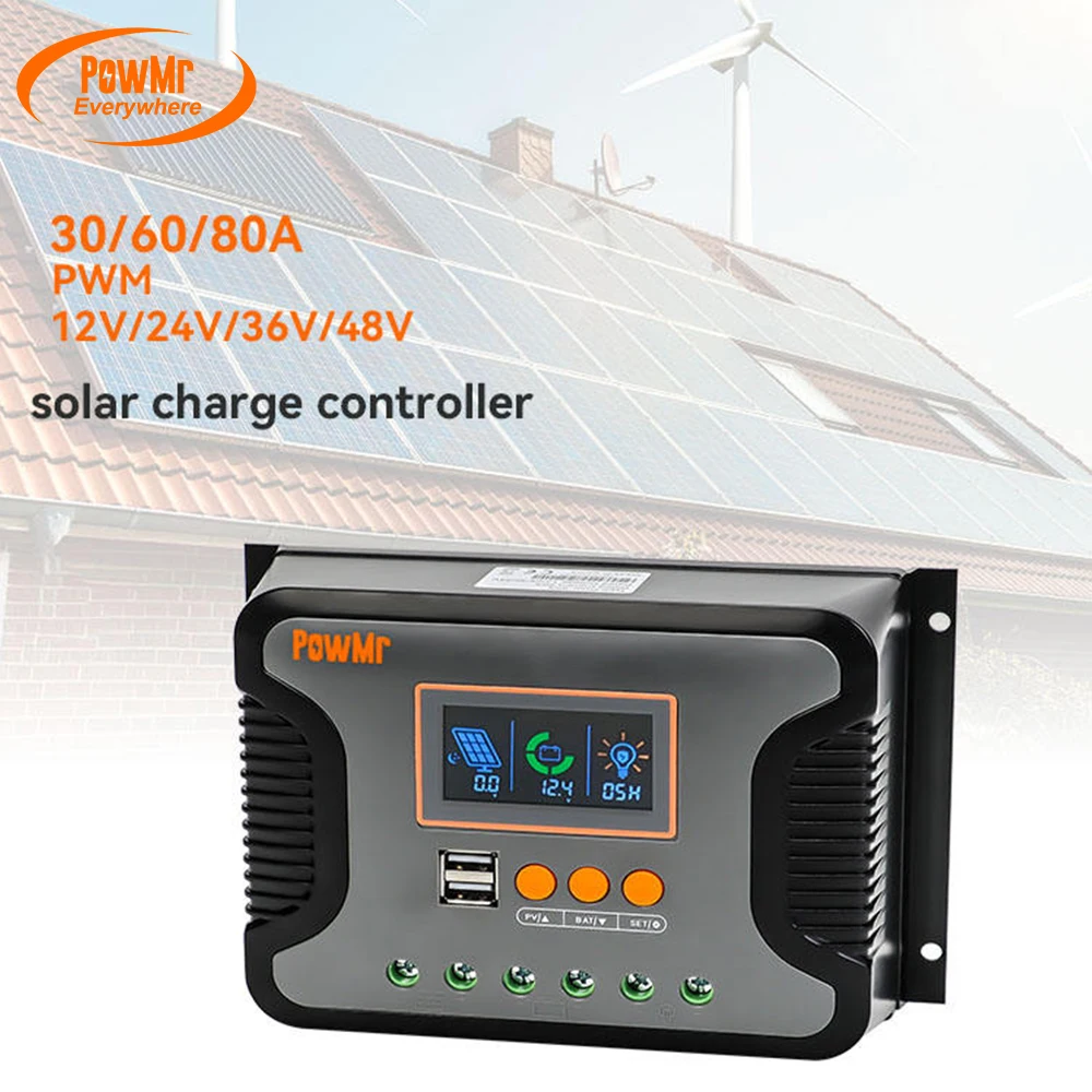 PowMr 30A 60A 80A PWM Solar Charge Controller Work for 12V 24V 36V 48V Battery LED Screen USB 5V 2A Max PV 100V Slient Operation