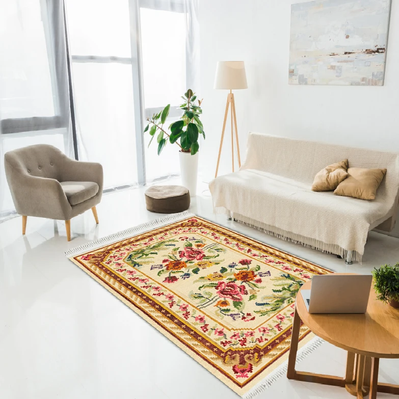 

Ethnic Floral Patterned Modern Decor Printed Carpet Dried Beige & Green color Bedroom and home decoration gift