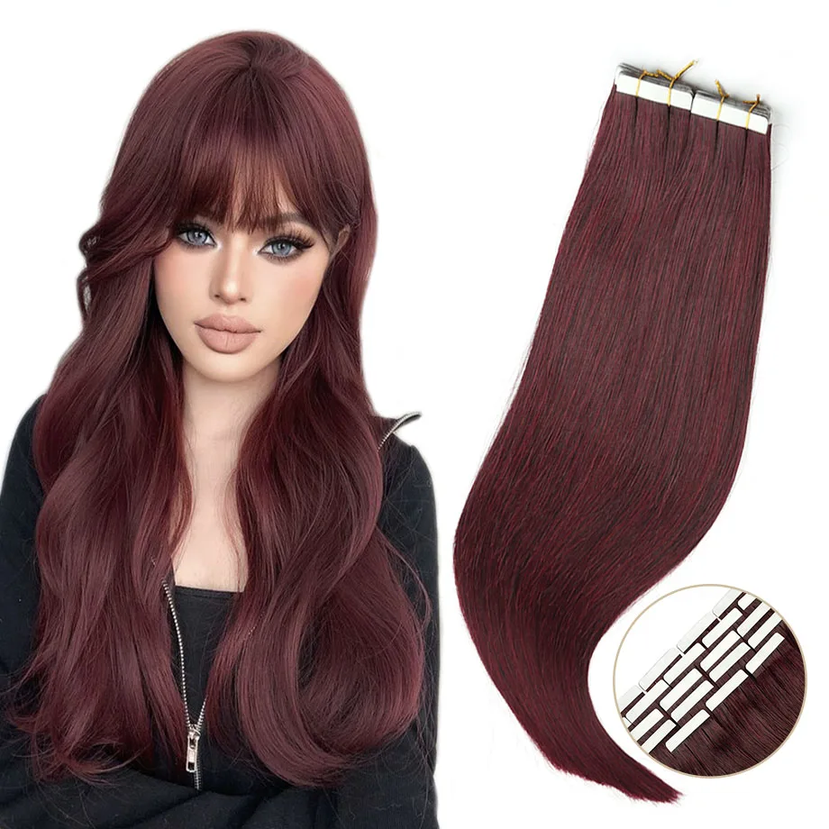 Wine Red Tape in Hair Extensions Real Human Hair 12-24