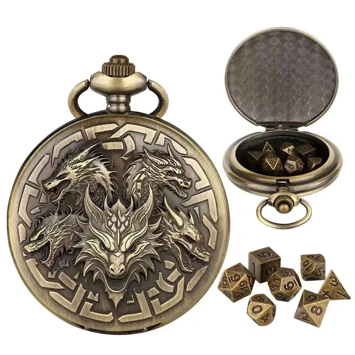Dragon-Themed Retro Pocket Watch Case with 7-Piece Metal Polyhedral Dice Set