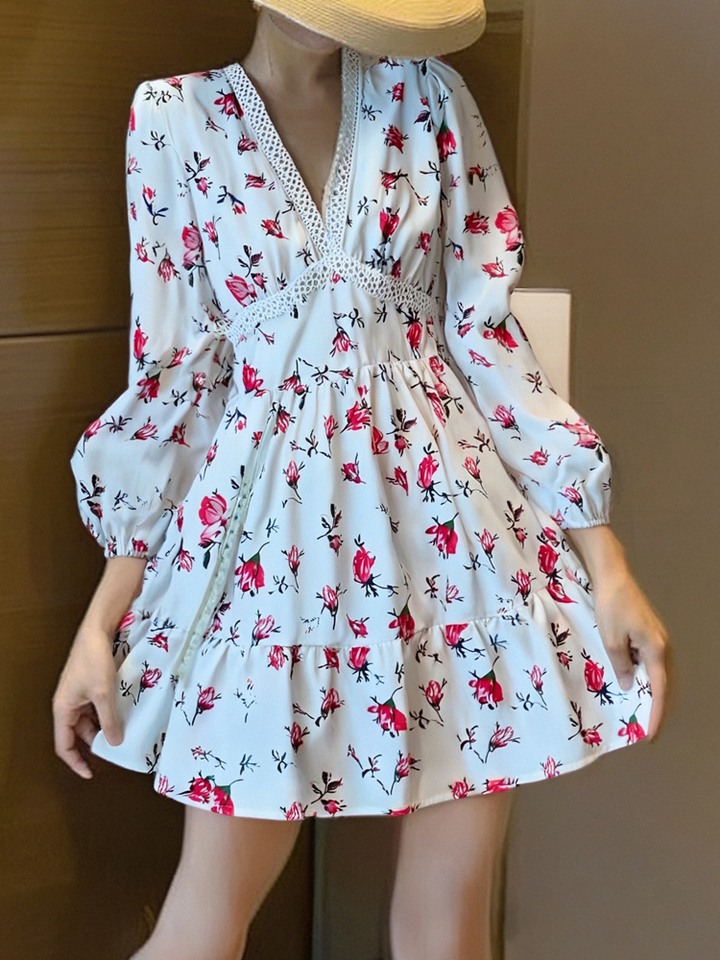 Women Flower Deep V Neck Mini Dresses Long Sleeve Holiday Beach Casual Vintage Sexy Dress Summer Pleated Streetwear Vestidos