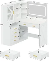 L-Shaped Corner Vanity Desk with LED Lighted Mirror & Charging Station, White Makeup Vanity with 6 Drawers & Sliding RGB Cabinet 4