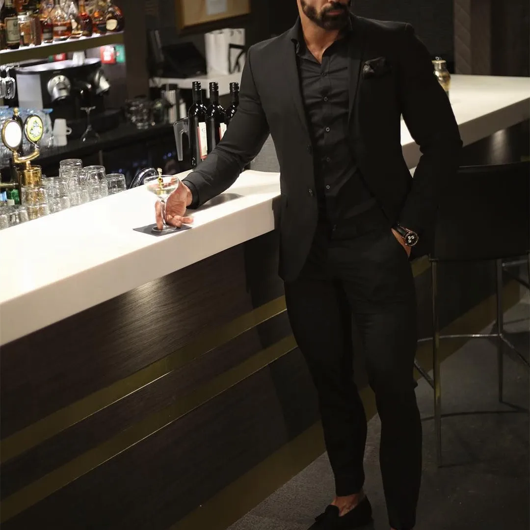 

2023 черные деловые костюмы для жениха, свадебные деловые мужские приталенные костюмы для мужчин, модные мужские костюмы из двух предметов (пиджак + брюки)