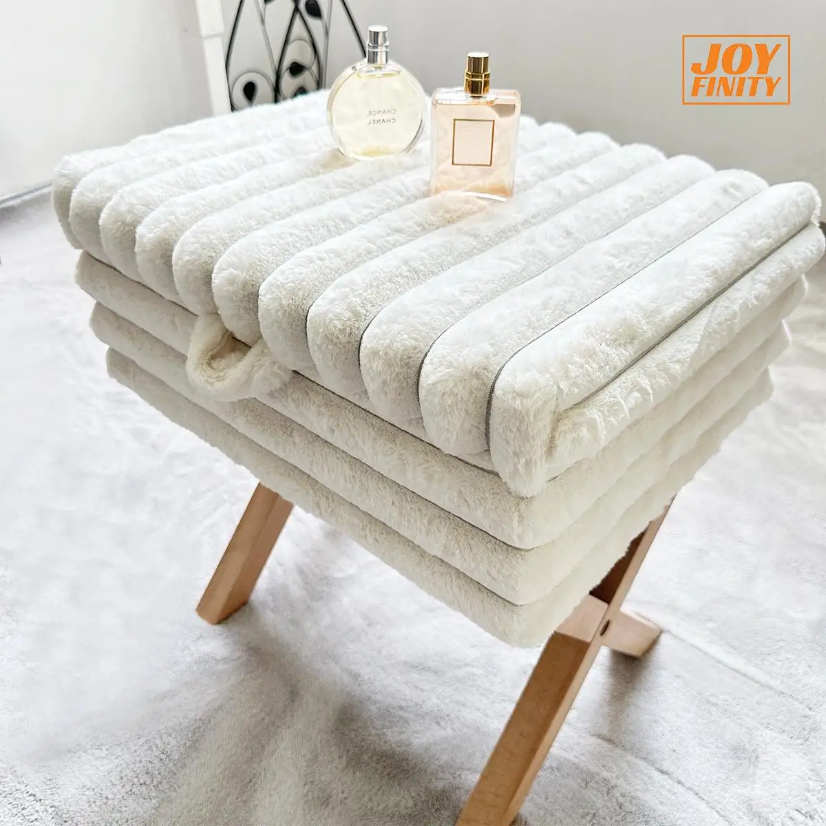 Joyfinity Makeup Chair Faux Fur Foot Stool Chair, Square Ottoman with Storage, Vanity Stool with Wooden X Legs