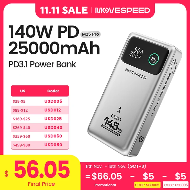 MOVESPEED M25Pro 140W Power Bank 25000mAh Type C Fast Charge Portable External Battery 100W PowerBank for iPhone MacBook Laptop 1