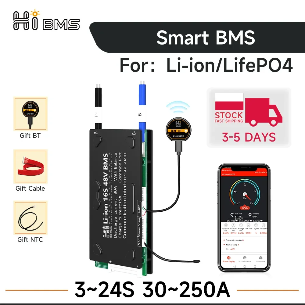 HIBMS Smart BMS Bluetooth Lifepo4 4S 12V 8S24V 16S48V Li-ion Battery Solar  Inverter Outdoor Power Home Energy Storage RV Scooter