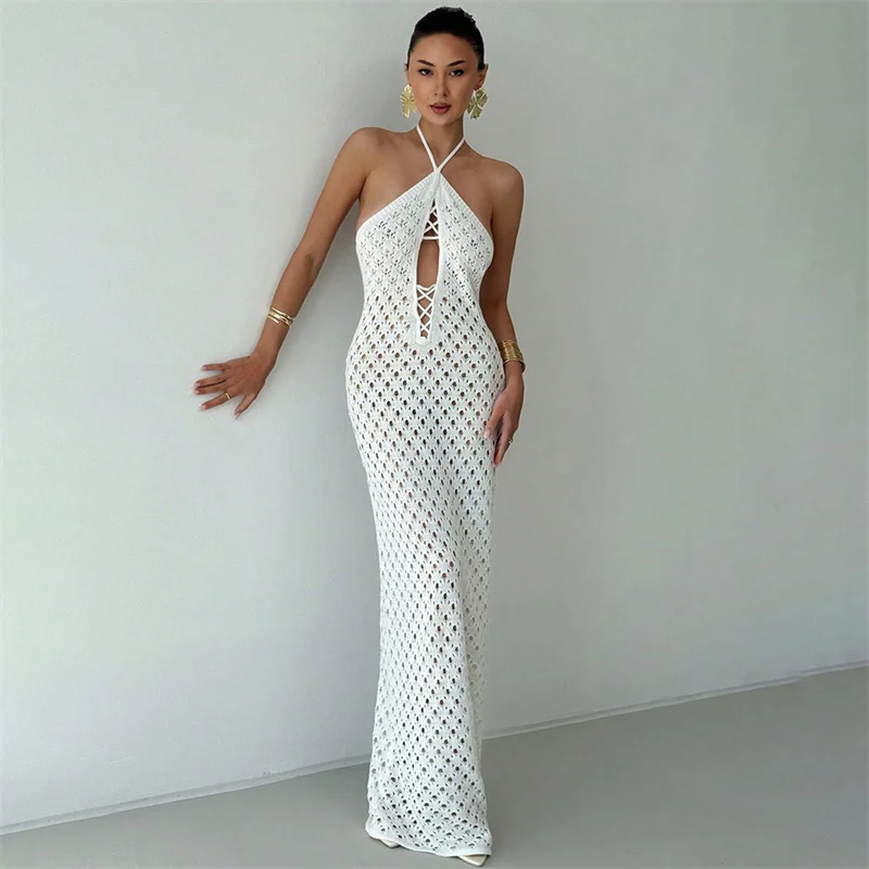 Women's Halter Neck Backless Lace-Up Long Slim Fit Knit Dress See-Through Crochet Beach Bikini Cover-Up Summer Swimwear 4