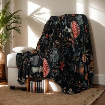 Dark Cottagecore Mushroom Blanket – Fluffy Fleece Throw with Forest Print, Aesthetic Gift for Teens, Girls or Nature Lovers 1