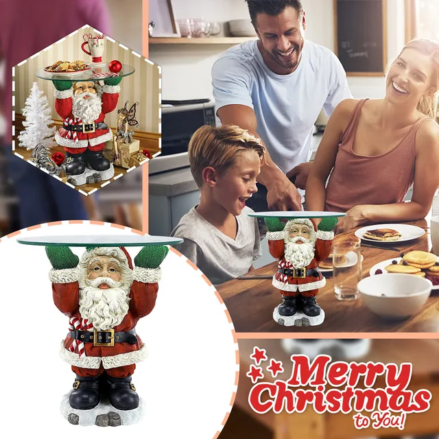 Resin Santa Claus Statues Holding Snack Tray Christmas Figurine