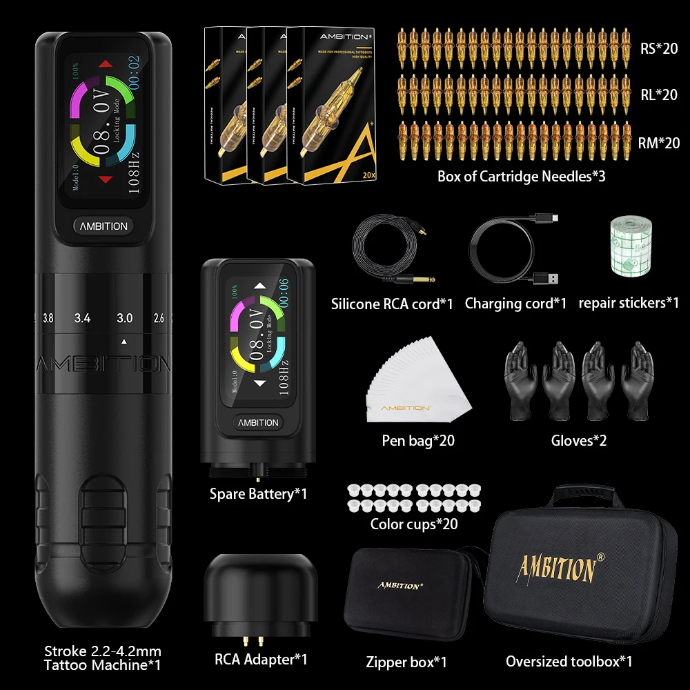 Wireless Tattoo Machine Pen Kit 2.2-4.2mm Adjustable Stroke 2400mAh Capacity Battery Coreless Motor supply