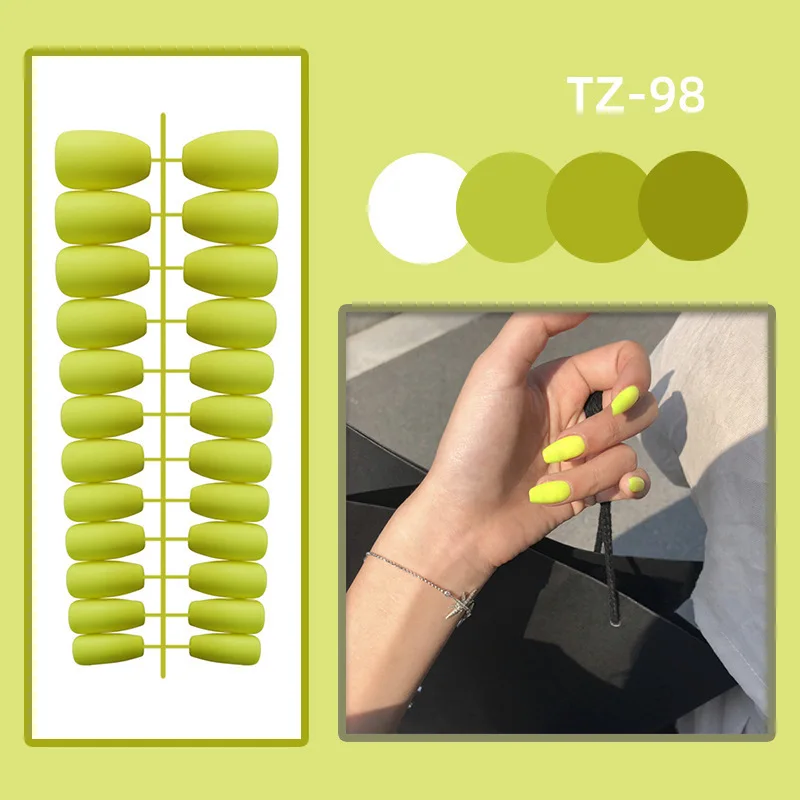 24Pcs/Set Long Round Head Bright Solid Color Press On Acrylic Nail Art Fake Nails Finished Wearing Manicure Reusable False Nails