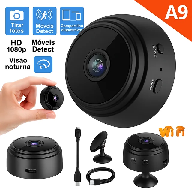 Mini Câmera Espiã A9 Wi-Fi Full HD 1080p com Visão Noturna e Áudio Bidirecional