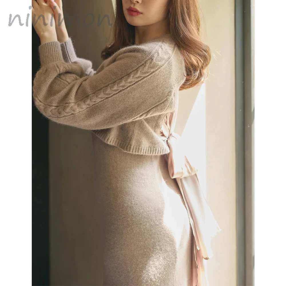 

NINIMON Slim Short Knit Cardigan Vintage Dress Back Ribbon Wool-Blend Knit Dress Set Sleeveless A-line Knitted Midi Dresses Suit