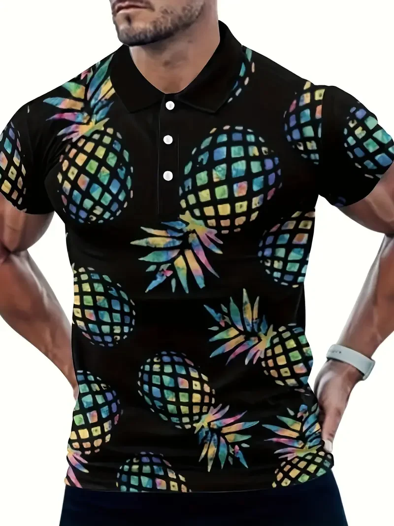 Large size men's 3D printed POLO shirt summer pineapple pattern printed short-sleeved golf shirt