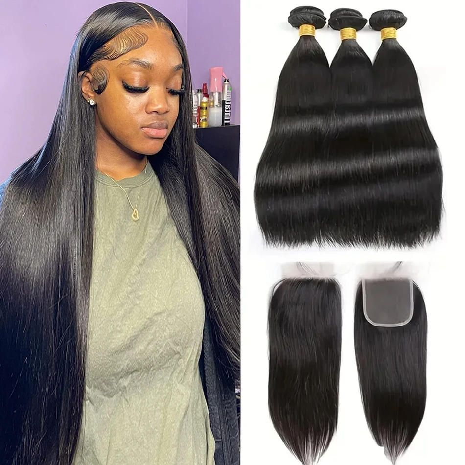 

Human Hair Bone Straight Bundles With Closure 4x4 Lace Closures With Bundles Brazilian Hair Weave Bundles With Closure Remy Hair