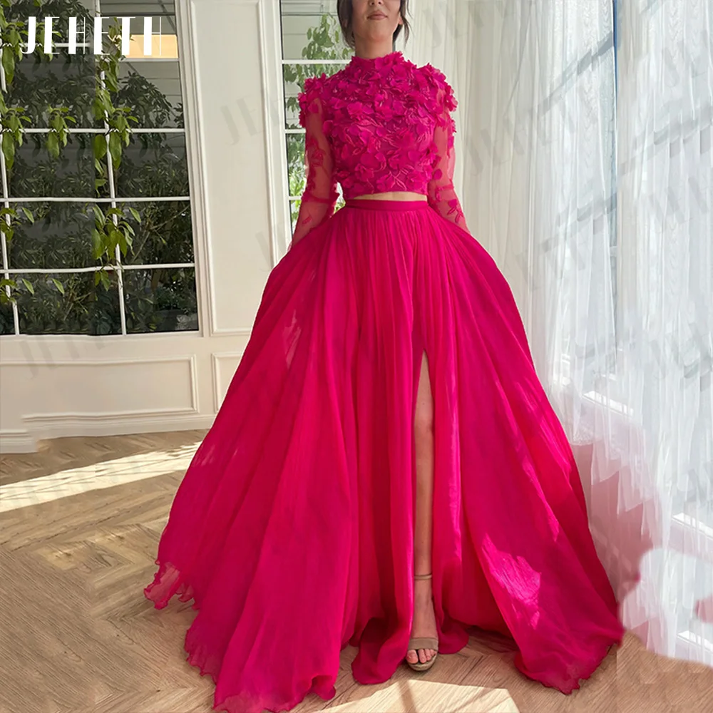 

JEHETH Exquisite Foral Prom Dresses 3D Flowers Upper and Lower Pieces High Neck Evening Long Sleeves Split Party Gown فساتين