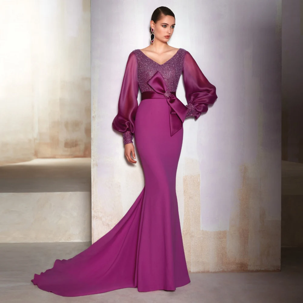 

Long Sleeves Mermaid Evening Dresses 2022 Purple V Neck Plus Zise Prom Dress Spectacular Bow Party Gowns Robes De Soiree