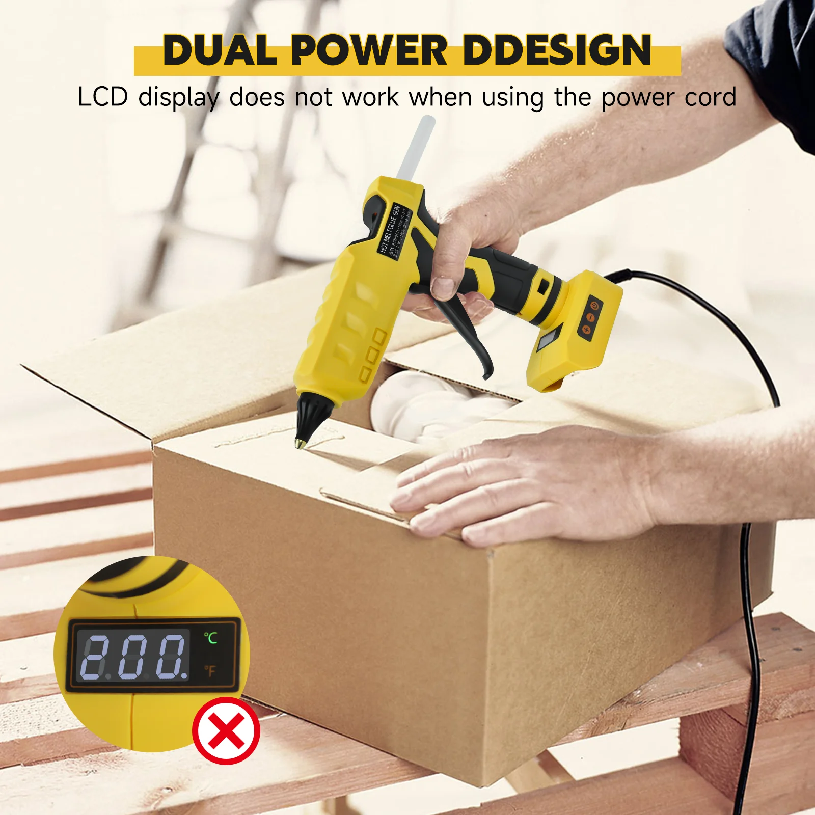 100W hot glue gun 200℃ max temp adjust dual power supply glue gun with 10pcs 11mm sticks for Dewalt 20V battery(No battery)