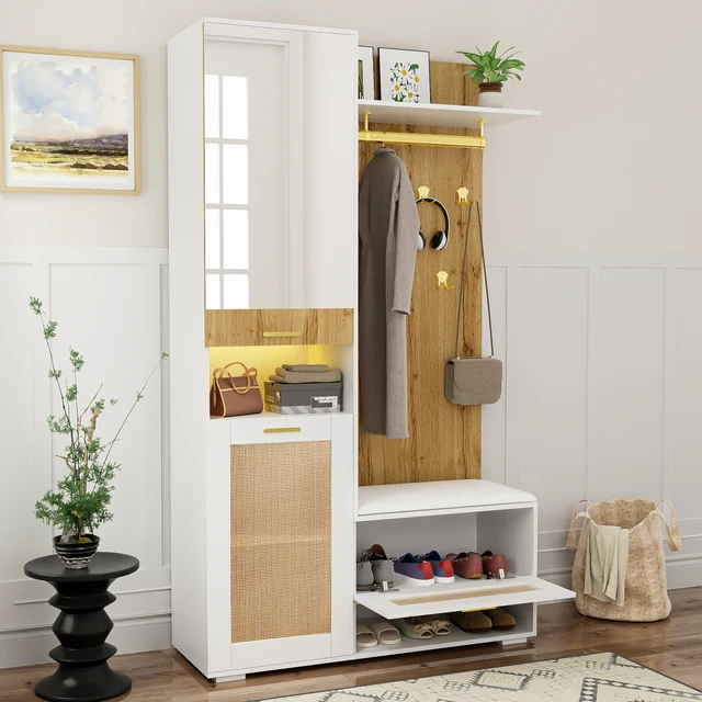 Comanlai Ensemble de garde-robe avec miroir, 6 patères dorés, armoire à chaussures, porte-manteau mural, rangement supérieur, banc, éclairage LED 16 couleurs 1
