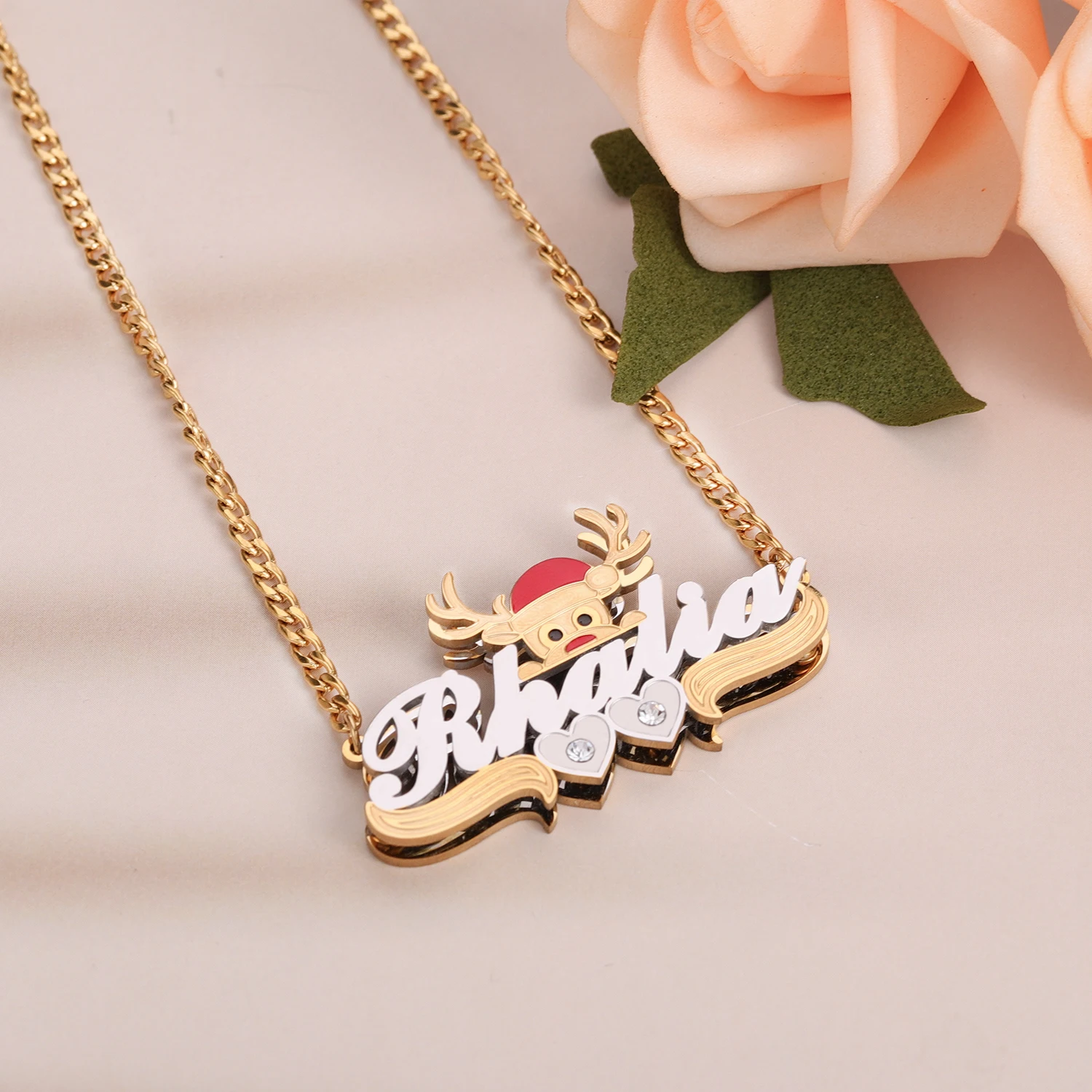 2024 Custom Name Necklace Personalized Elk Double Layer Two Tone 14K Gold Plated Double Heart Necklace For Women Christmas Gift