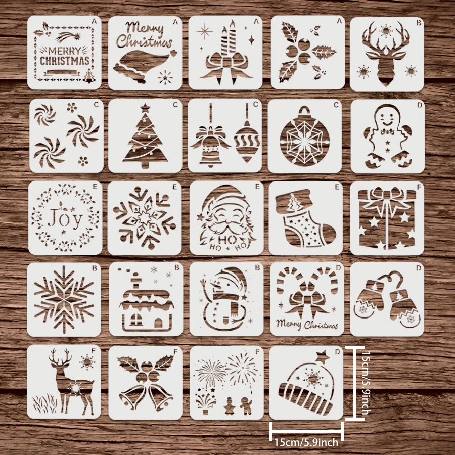 24개 크리스마스 스텐실 세트 15x15cm 카드, 스크랩북, 캔버스, 직물, 벽 및 휴일용 재사용 가능한 DIY 페인팅 템플릿
