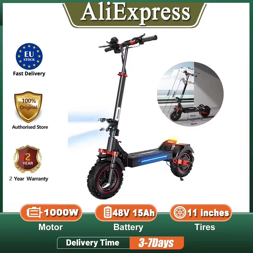 Monopattino Elettrico Iscooter Ix5S, Motore 1000W, Batteria 48V 15Ah, Pneumatici da 11 Pollici, Velocità Massima 25Km/H, Autonomia 40Km, Freni a Disco Doppi