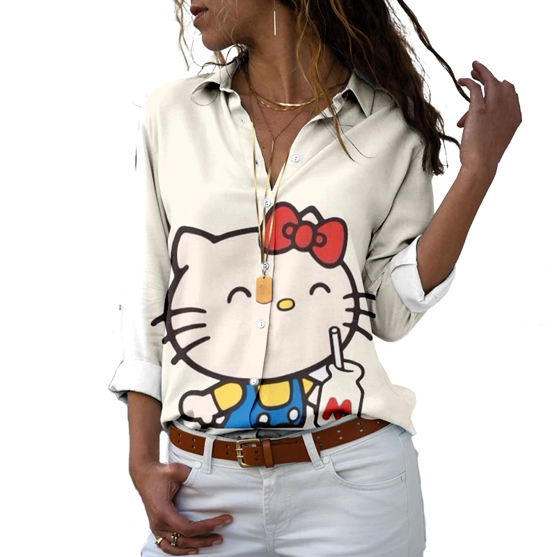 

2022 Fashion Shirt Casual Loose Top V Neck Long Sleeve Button Sweatshirt Women Hello Kitty Graphic Tee