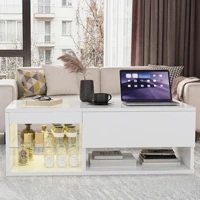 Table Basse Relevable avec Éclairage LED, 100x55x35-50cm, Table Basse Blanche Brillante , Table de Salon Rectangulaire avec Compartiments Cachés et Rangement Ouvert, Table d'appoint Moderne pour Salon et Chambre 6