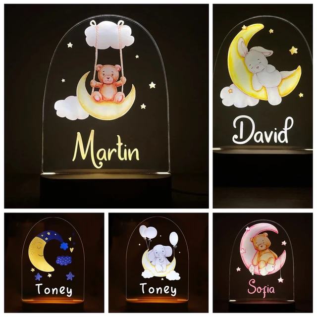 Luz LED de noche con forma de luna y oso, lámpara personalizada con nombre  para guardería, decoración de dormitorio de bebé, elefante y conejito, USB  - AliExpress