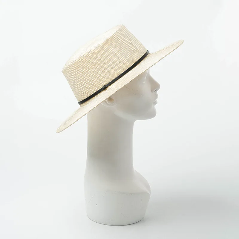 Straw Wide-Brimmed Boater Hat Women Summer Hat Beige Fedora Hats with mini black lether band 2